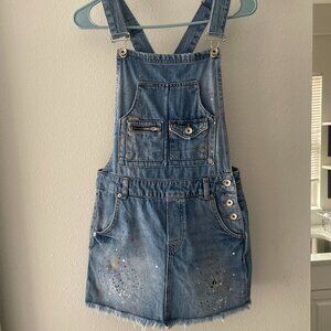 Superdry Paint Splatter Denim Overall Skirt Frayed Hem